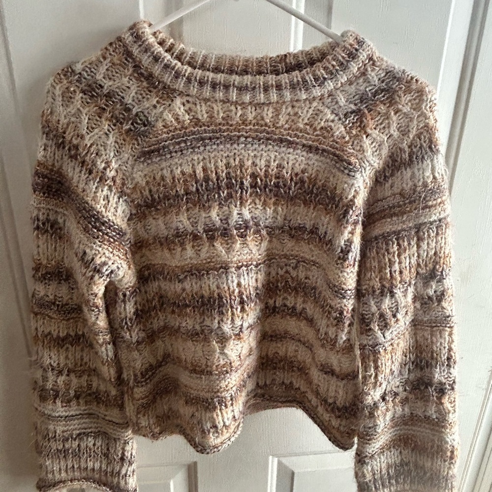 Universal Thread Cream and Brown Striped Knit Crewneck Sweater